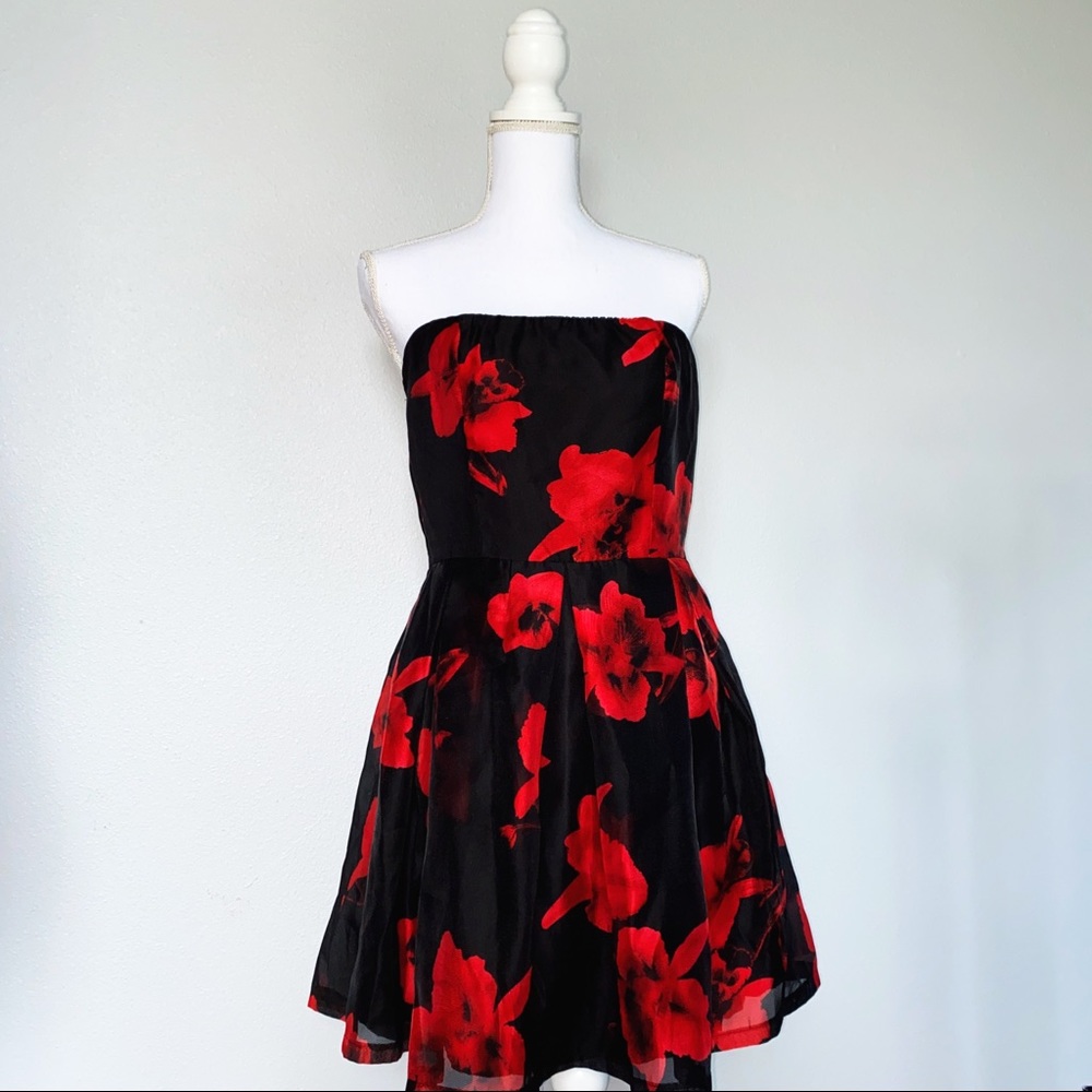 Black Dress with Red Floral Print Mini Strapless